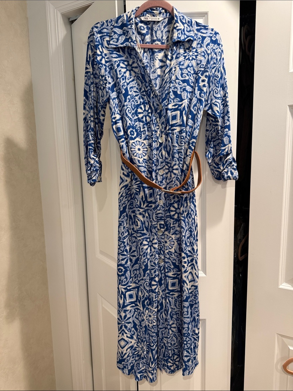 Zara Blue and White Printed Shirt Dress